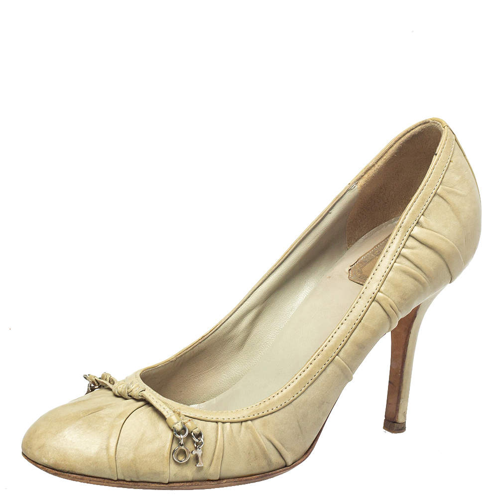 Dior Grey Leather Embellished Round Toe Slip On Pumps Size 39.5