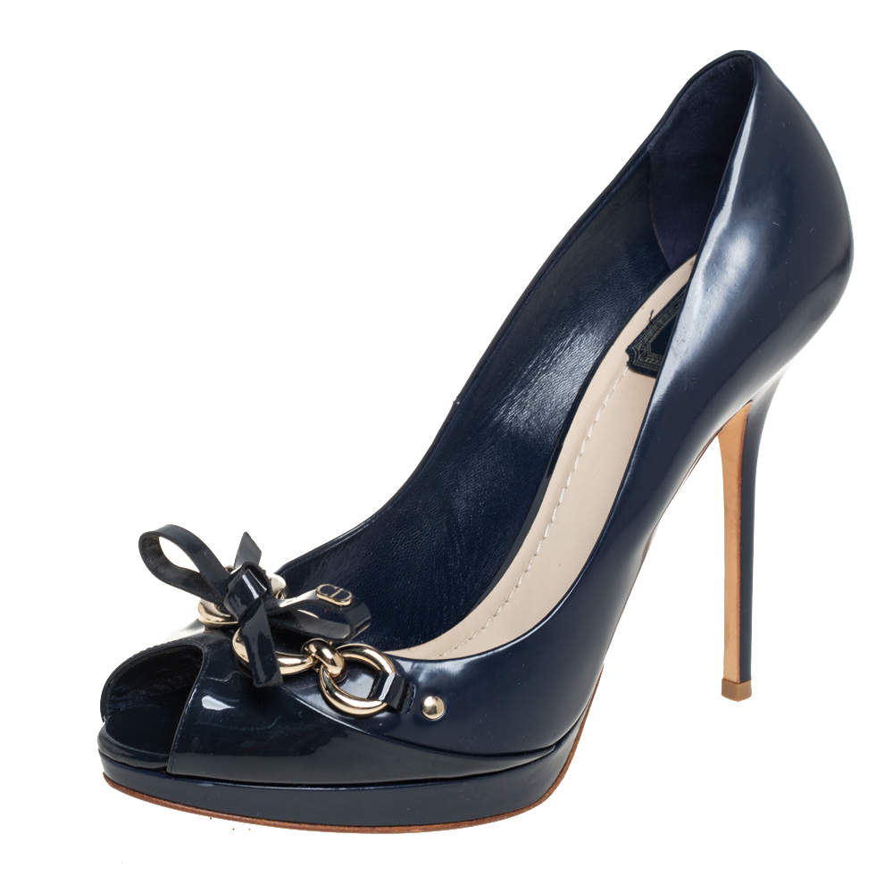 Dior Blue Leather Bow Chain Detail Peep Toe Pumps Size 40