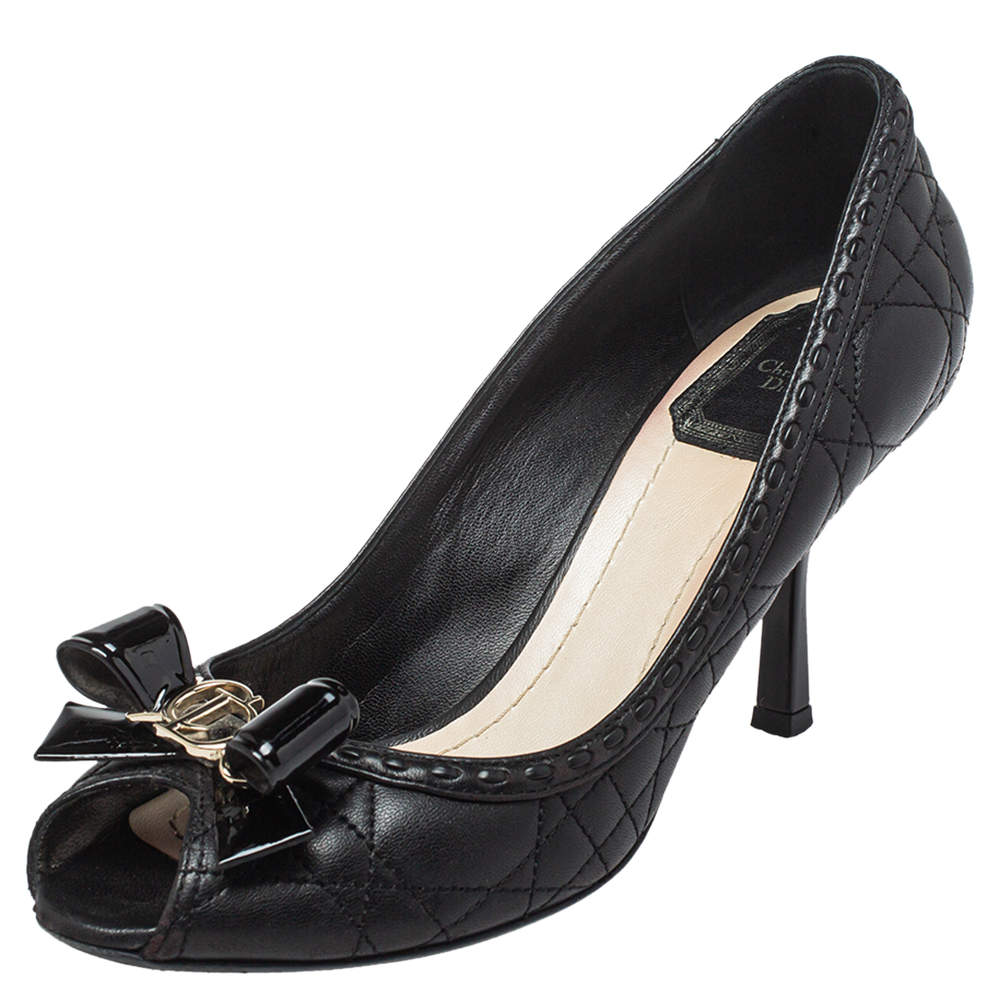 Pre Owned حذاء كعب عالي ديور جلد كاناج أسود مقدمة مفتوحة بفيونكة مقاس 36.5