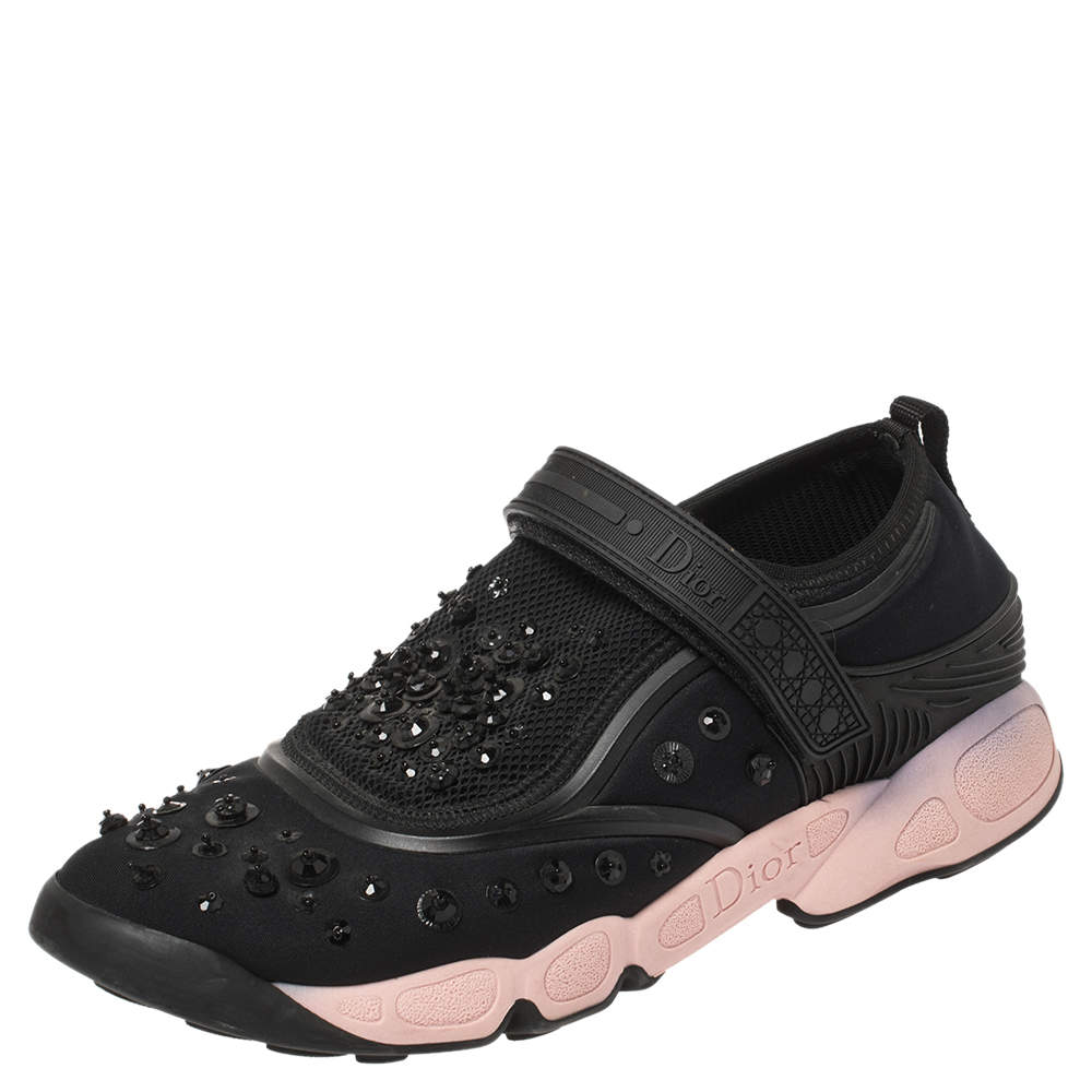 Pre Owned Dior Black Fabric And Mesh Fusion Embellished Low Top Sneakers Size 39
