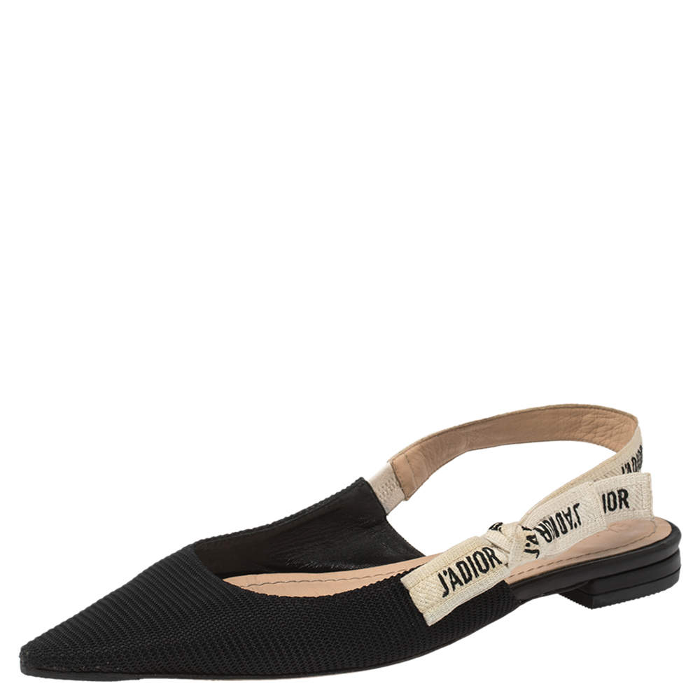 مملوكة مسبقًا Dior Black Technical Fabric And J'adior Ribbon Pointed Toe Slingback Flats Size 39