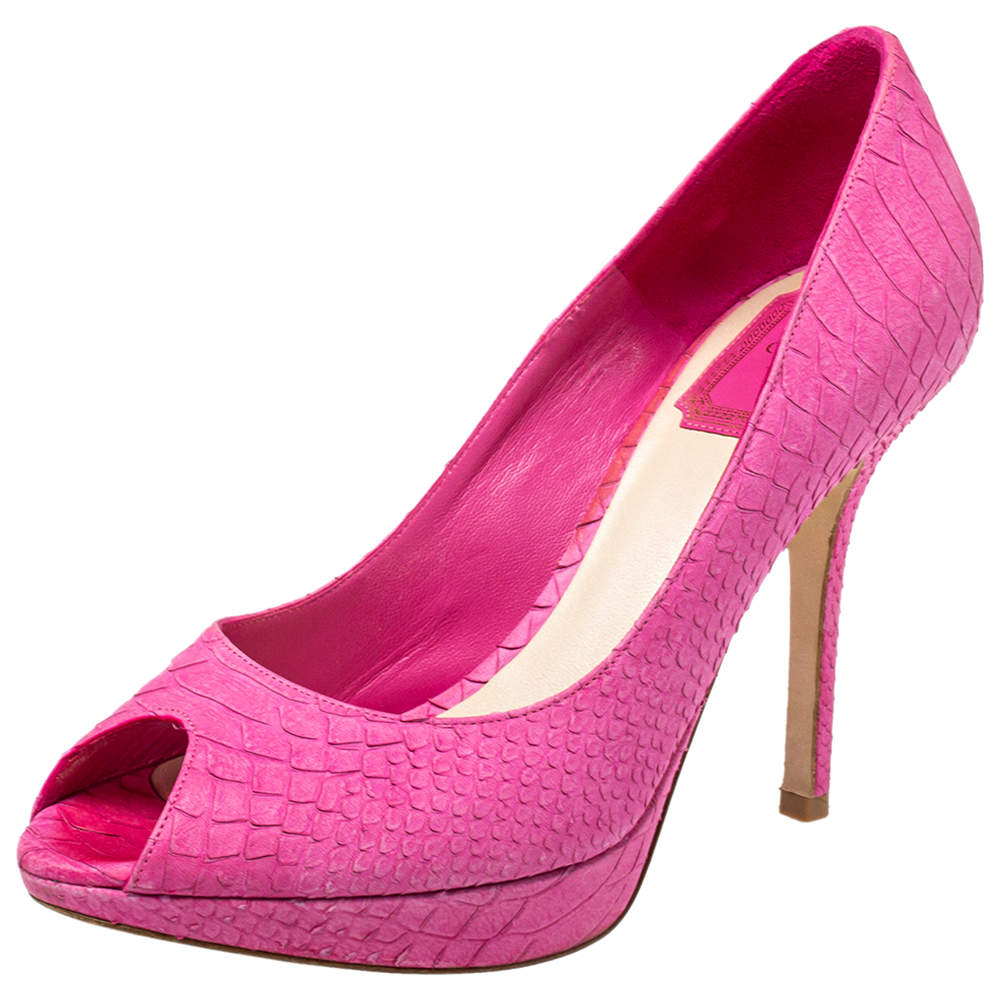 Pre Owned Dior Pink Python Embossed Leather Peep Toe Pumps Size 37