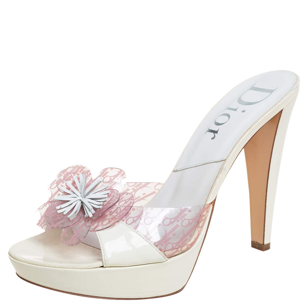 Pre Owned Dior White Patent Leather And Monogram PVC Platform Slide Sandals Size 38.5