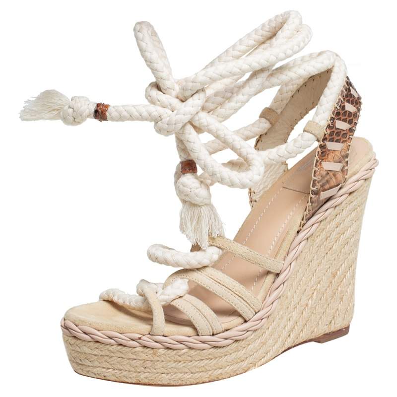 Pre Owned Dior Beige Suede And Python Rope Espadrille Wedge Ankle Wrap Sandals Size 39
