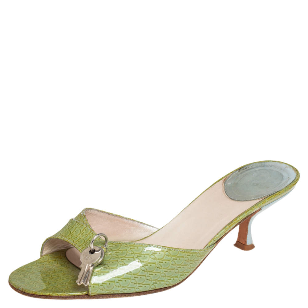 Dior Green Monogram Patent Leather Lock and Key Open Toe Slide Mules Size 37