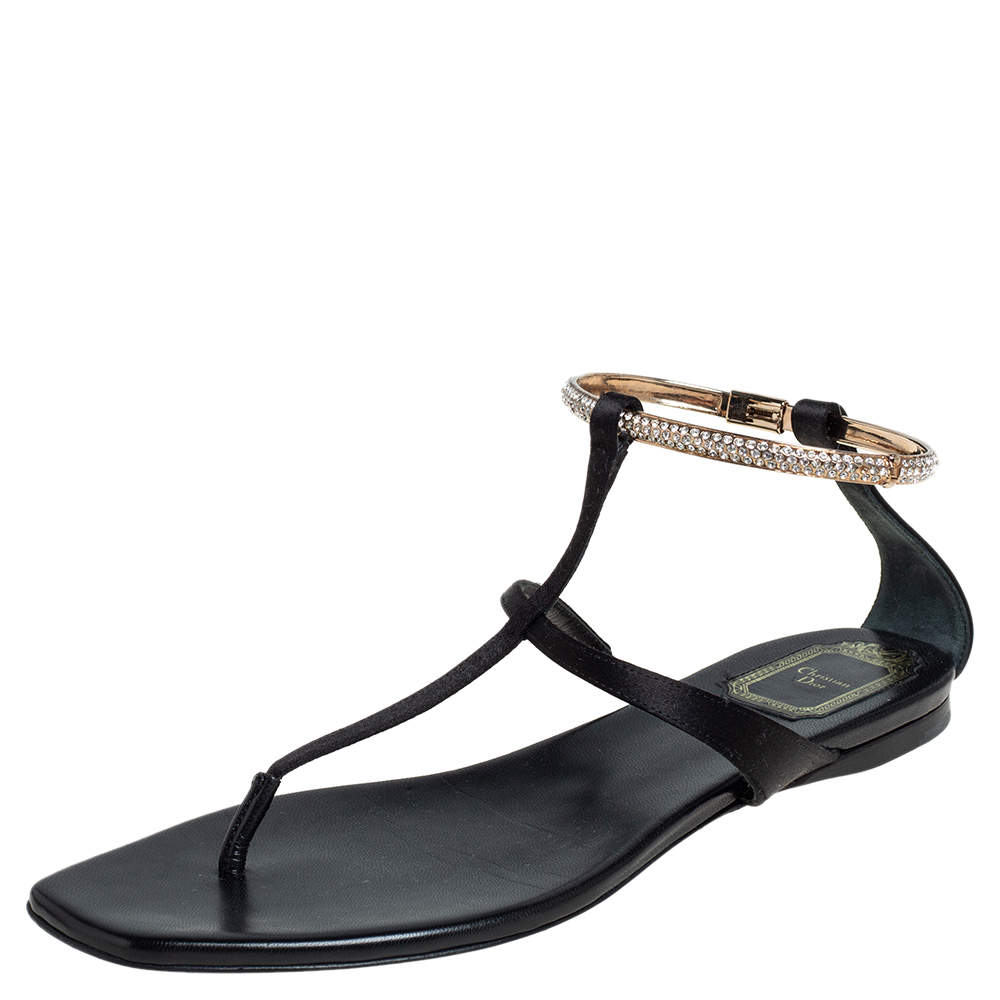 Dior Black Satin Embellished T Strap Flat Sandals Size 39