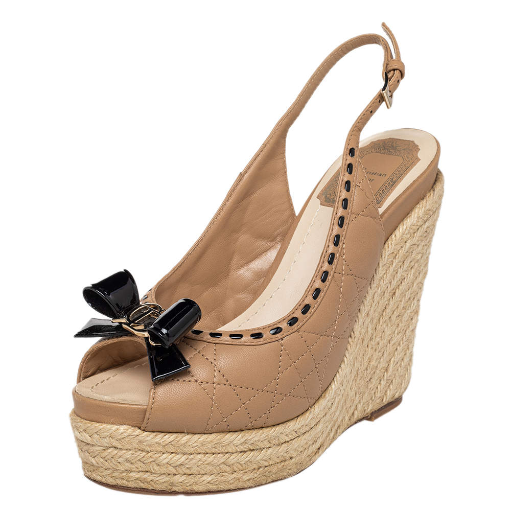Dior Beige Cannage Leather Bow Wedge Platform Espadrille Sandals Size 36.5