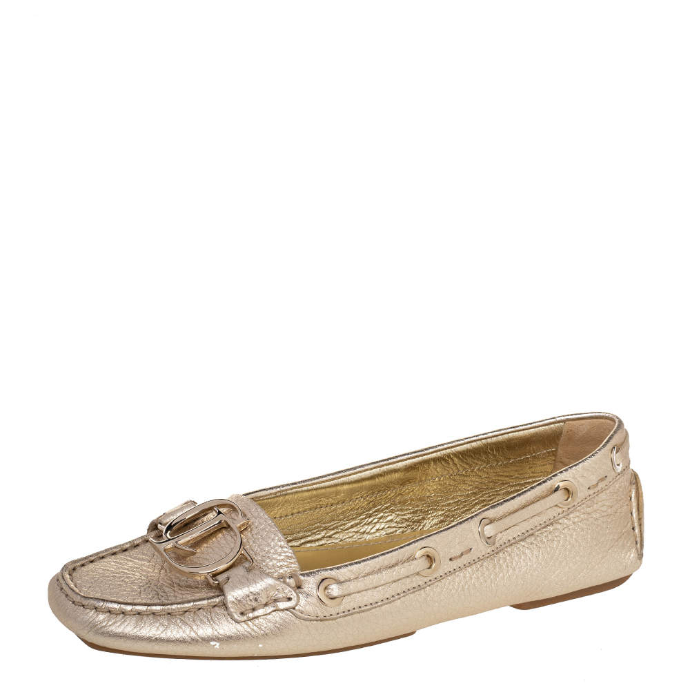 Pre Owned Dior Gold Leather Embellished Slip On Loafers Size 39