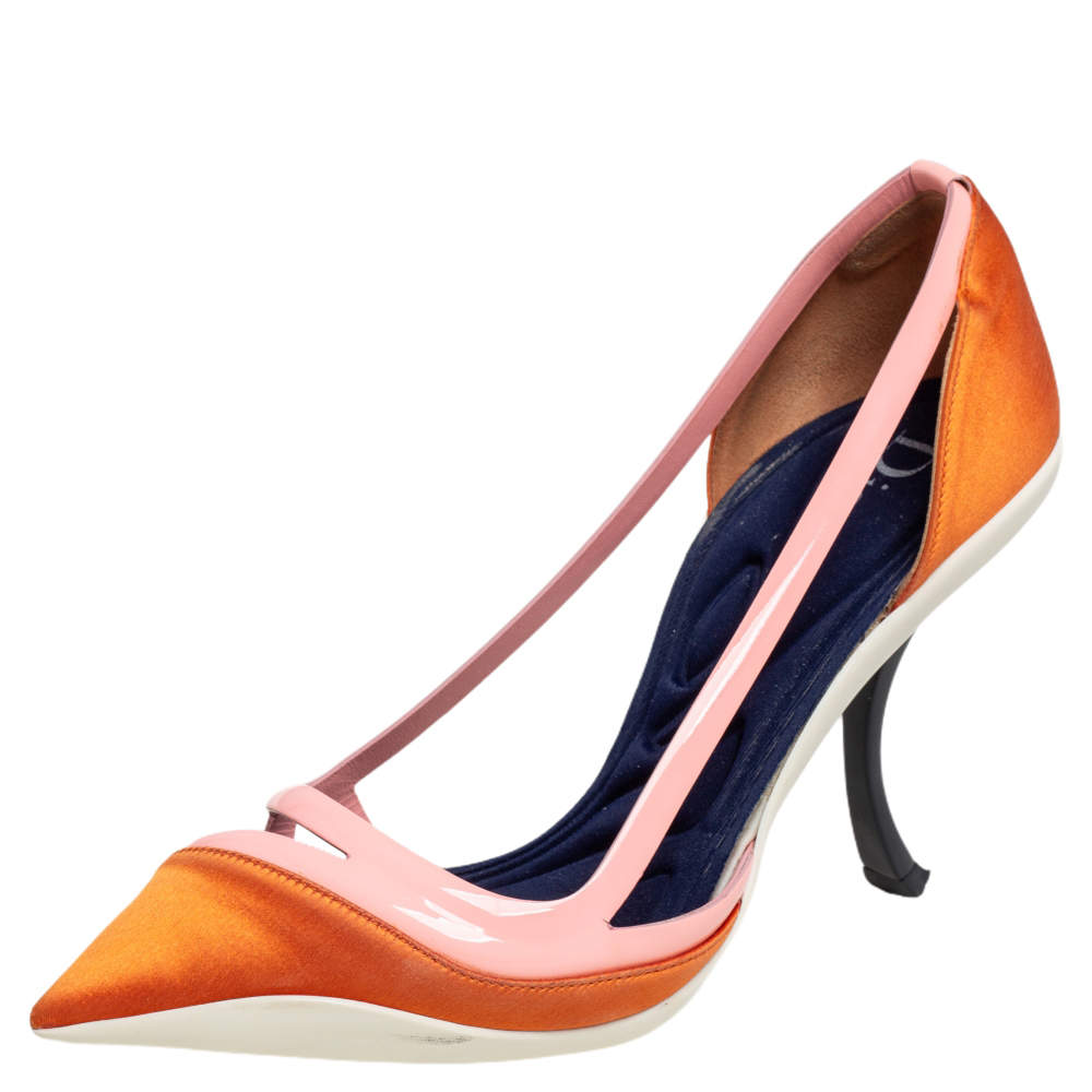 Dior Two Tone Orange Patent Leather And Satin Pointed Toe Curved Heel Pumps Size 37.5