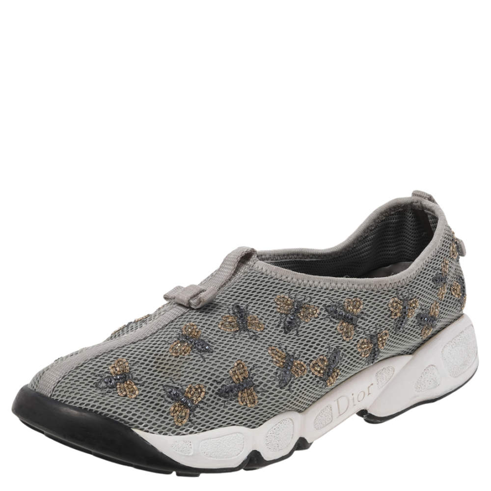 Pre Owned Dior Grey Bee Embellished Mesh Fusion Slip On Sneakers Size 38
