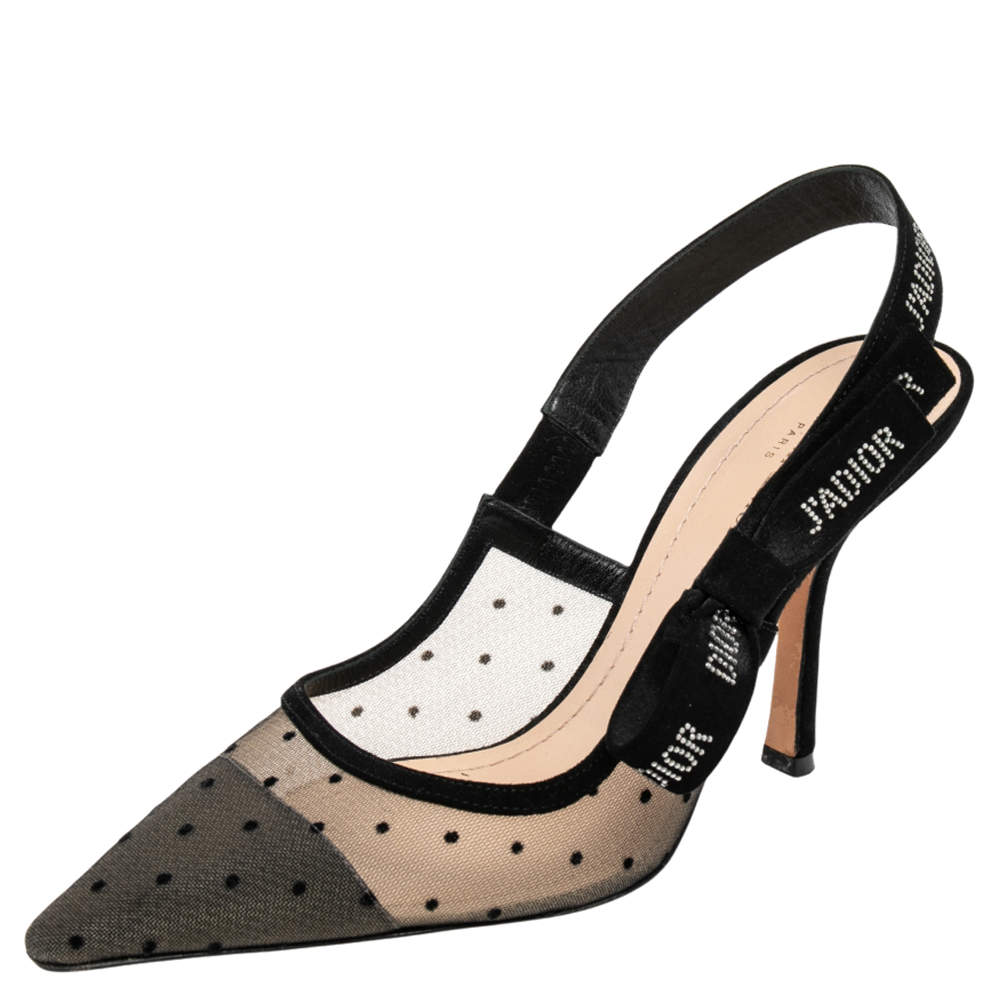 Pre Owned Dior Black Plumetis Mesh J'adior Studded Suede Slingback Pointed Toe Sandals Size 40