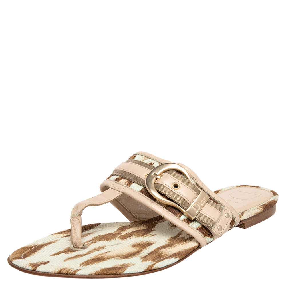 Dior Beige Printed Canvas And Leather Flat Thong Sandals Size 36