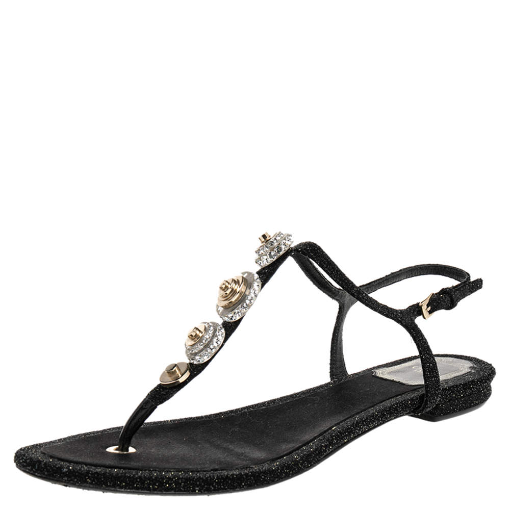 Dior Black Glitter Embellished Flat Sandals Size 39