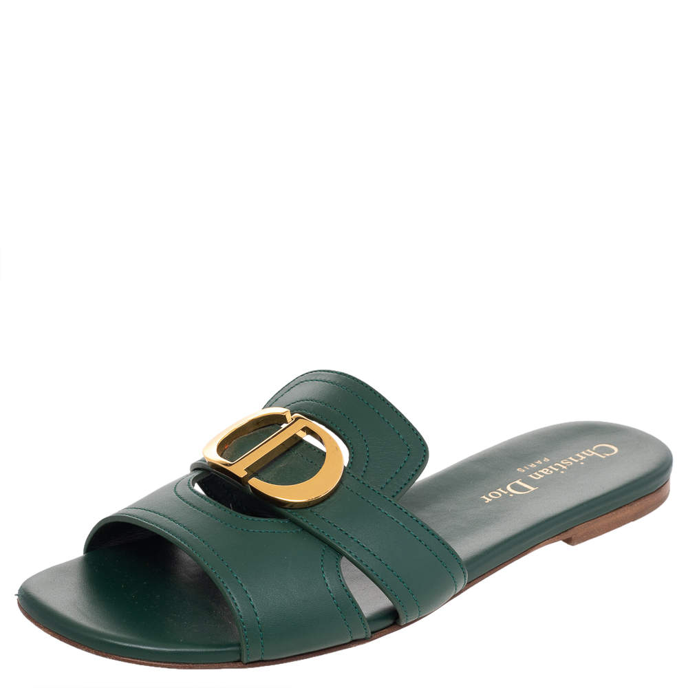 Dior Green Leather 30 Montaigne Flat Slide Sandals Size 37 Dior TLC