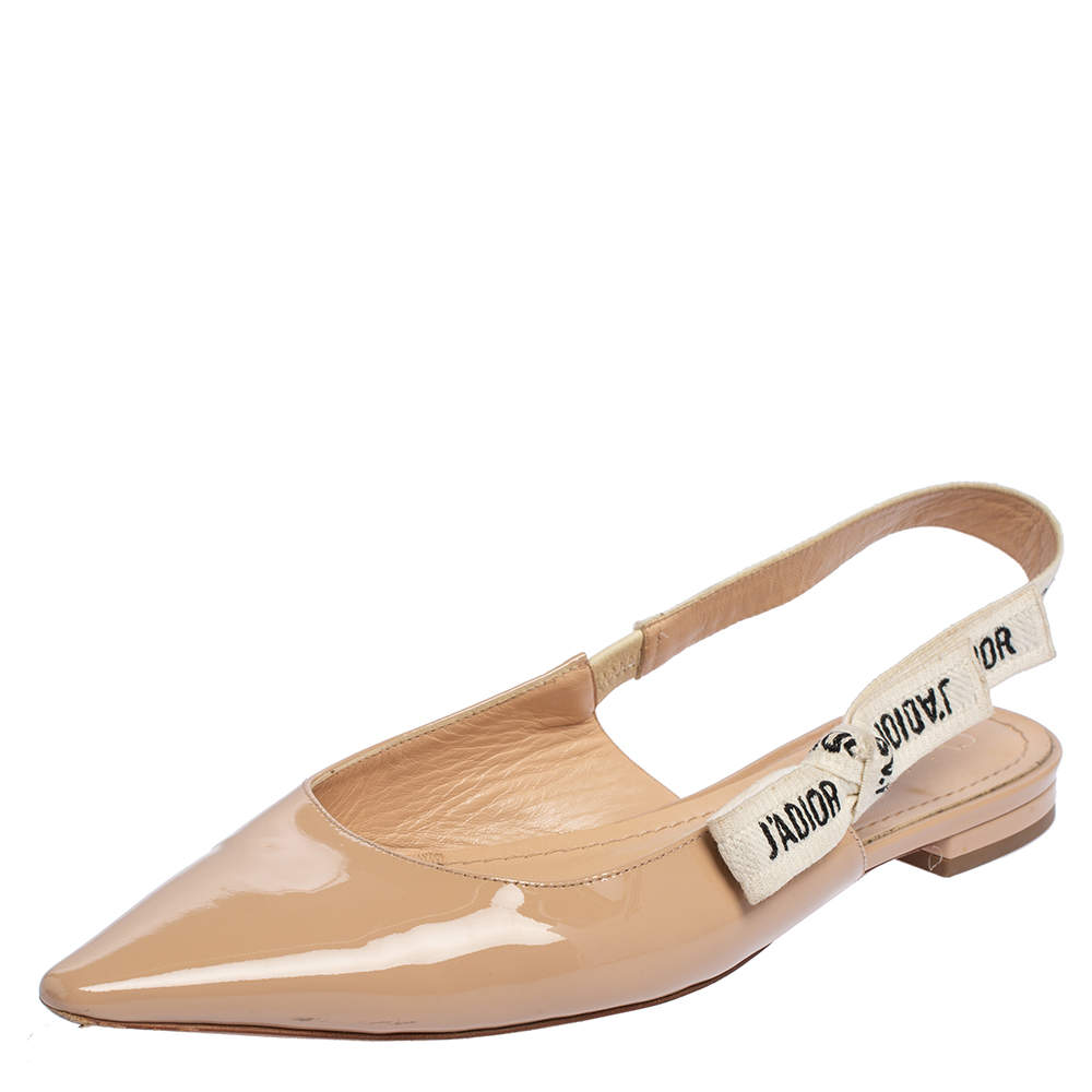 Dior Beige Patent Leather J'Adior Slingback Flat Sandals Size 40