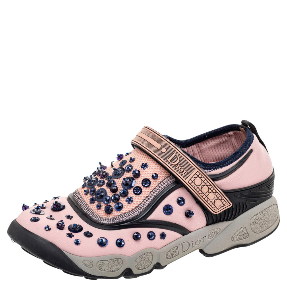 Dior Pink Sequin Embellished Fabric And Mesh Fusion Sneakers Size 38