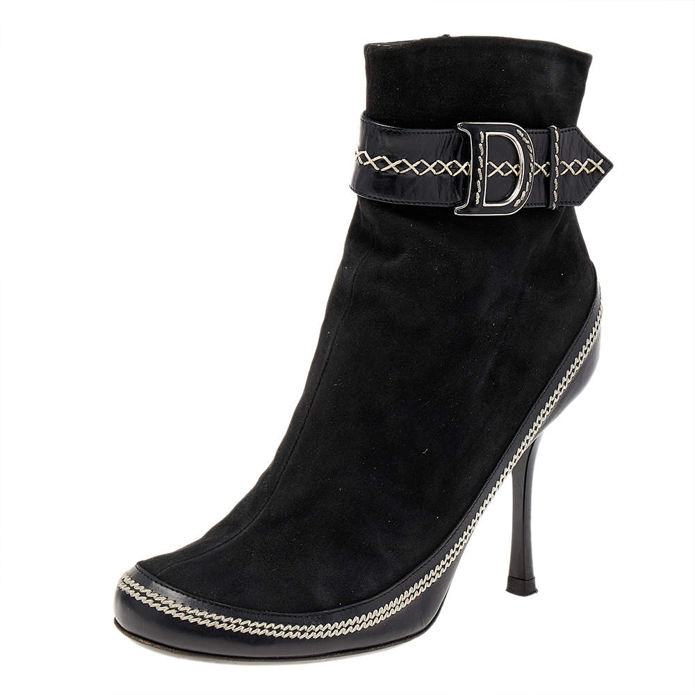 مملوكة مسبقًا Dior Black Suede And Leather CD Logo Ankle Boots Size 37