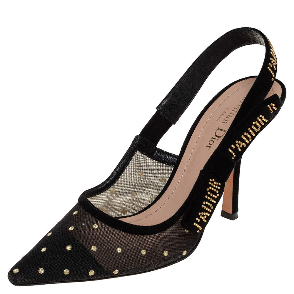 Pre Owned Dior Black Plumetis Mesh J'adior Studded Suede Pointed Toe Slingback Sandals Size 39
