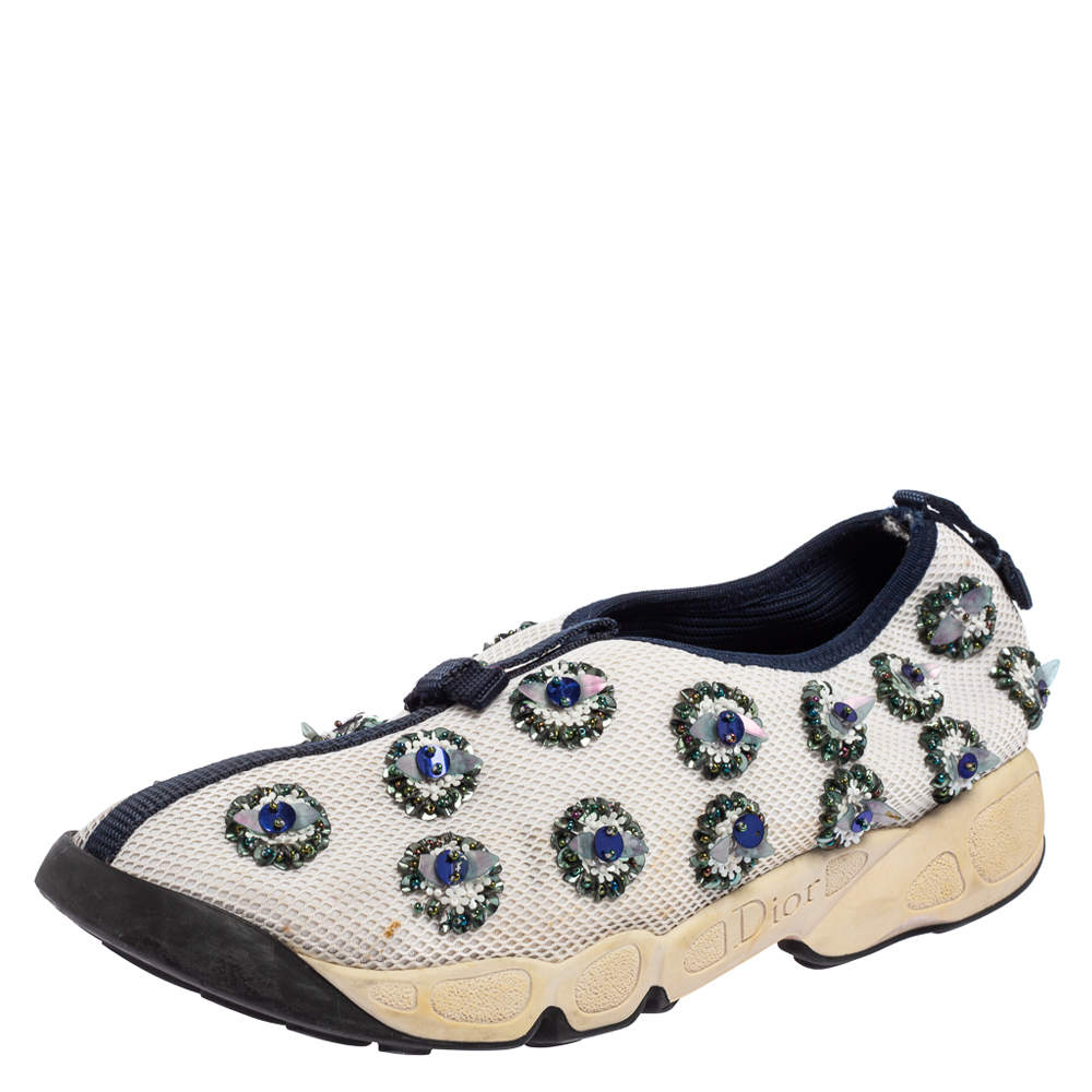 Pre Owned Dior White/Navy Blue Mesh Fusion Embellished Slip On Sneakers Size 39