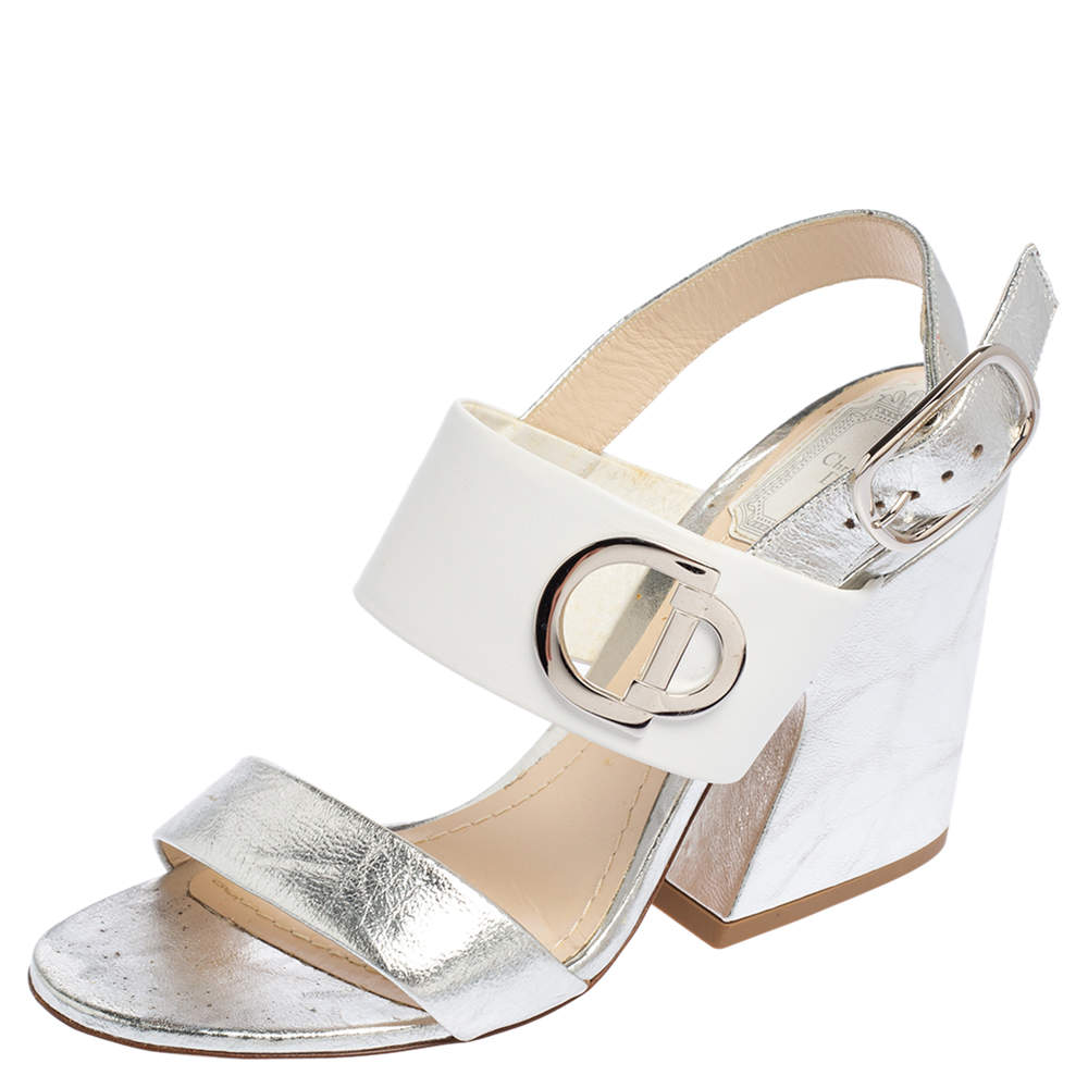 Pre Owned Dior Metallic/White Leather  Slingback Sandals Size 38