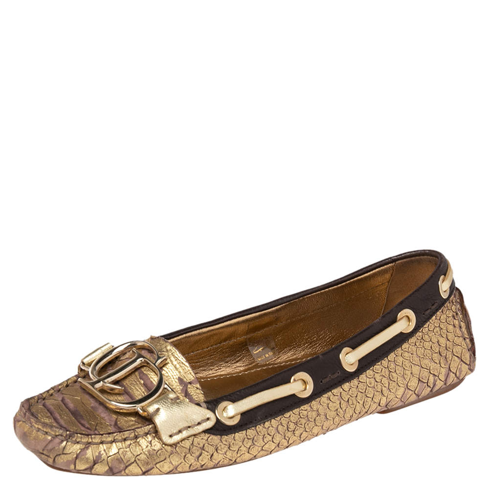 Pre Owned حذاء لوفرز ديور جلد نقشة الثعبان بني/ذهبي مقاس 36.5