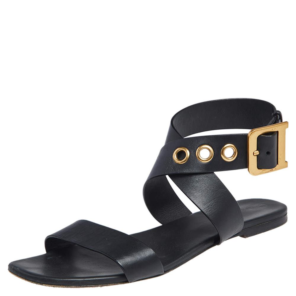 Dior Black Leather D Dior Ankle Strap Flat Sandals Size 41