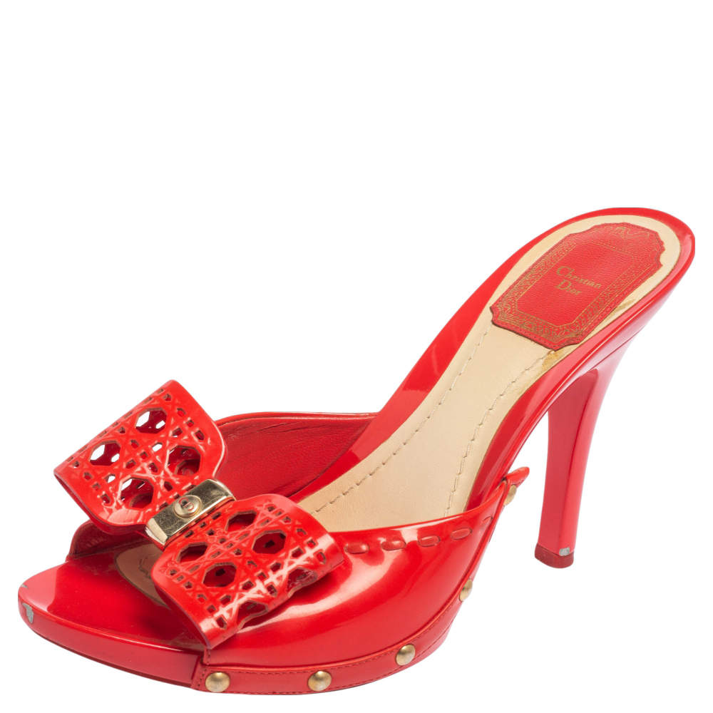 Dior Coral Red Patent Leather Open Toe Bow Clog Sandals Size 37