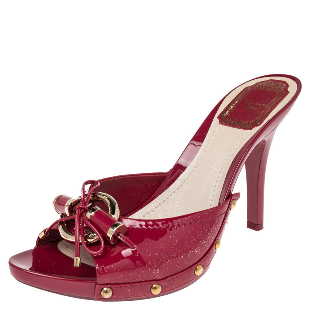 Dior Pink Patent Leather  Buckle Open Toe  Mules Sandals Size 38