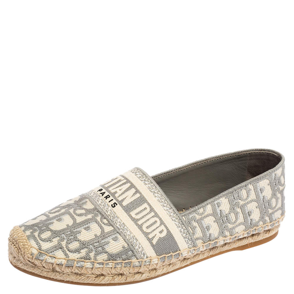 Pre Owned Christian Dior Grey/White Canvas Dior-Oblique Embroidered-Espadrilles Flats Size 38