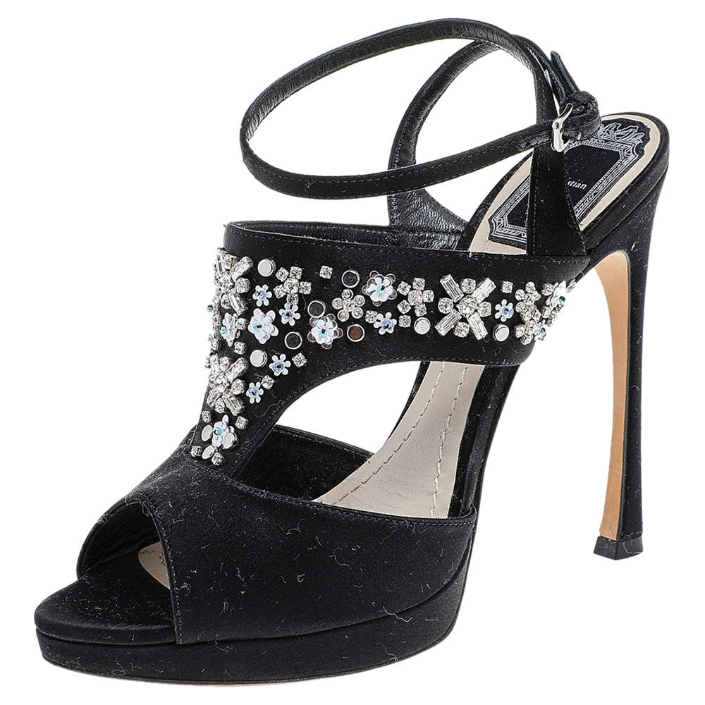 مملوكة مسبقًا Dior Black Satin Embellished Ankle Strap Sandals Size 38