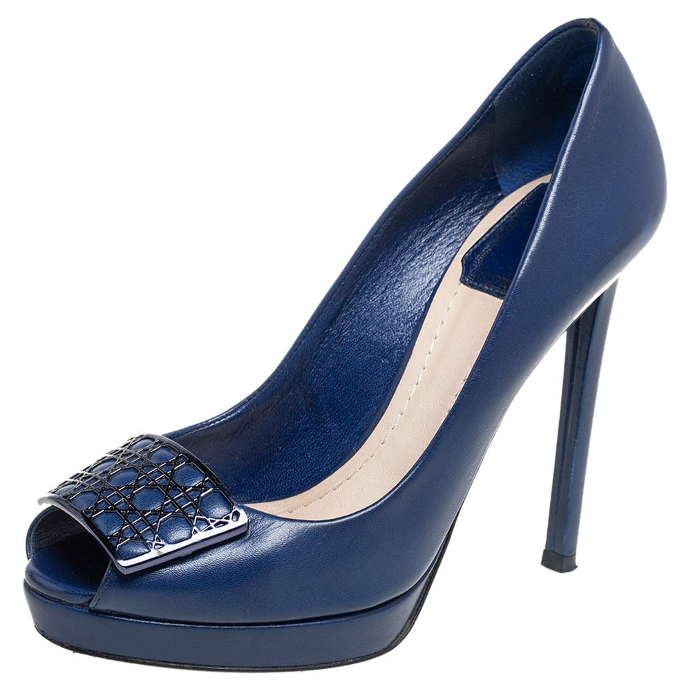 Pre Owned Dior Blue Leather Cannage Plaque Peep Toe Platform Pumps Size 35.5