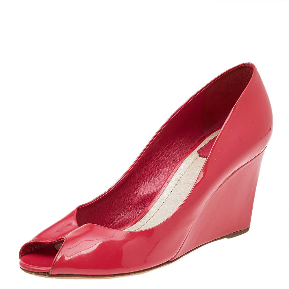 Dior Pink Patent Leather Wedge Peep Toe Pumps Size 40.5