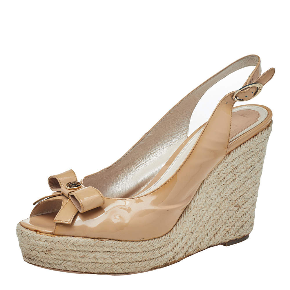 Dior Beige Patent Leather Bow Espadrille Platform Wedge Slingback Sandals Size 40
