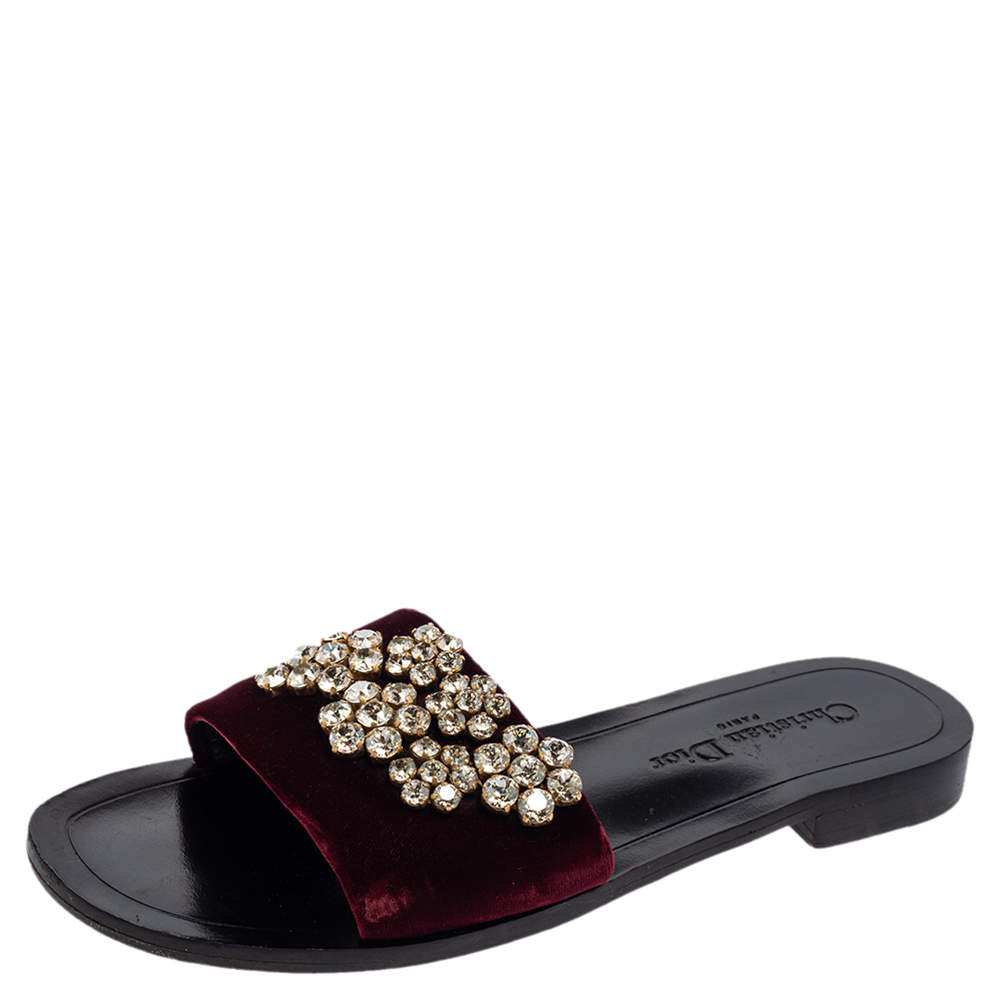 Pre Owned Dior Burgundy Velvet Crystal Embellishment Flat Slide Sandals Size 38