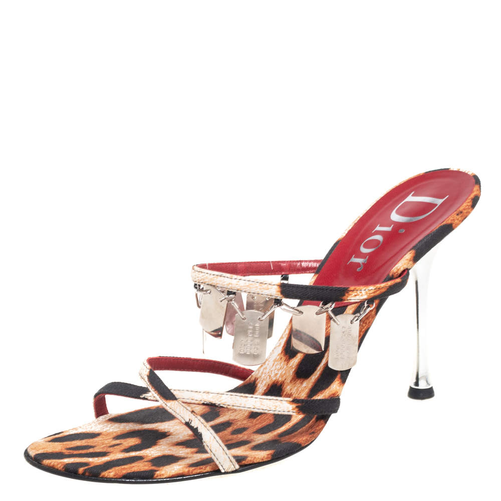 مملوكة مسبقًا Dior Brown/Black Leopard Print Canvas Embellished Strappy Sandals Size 41