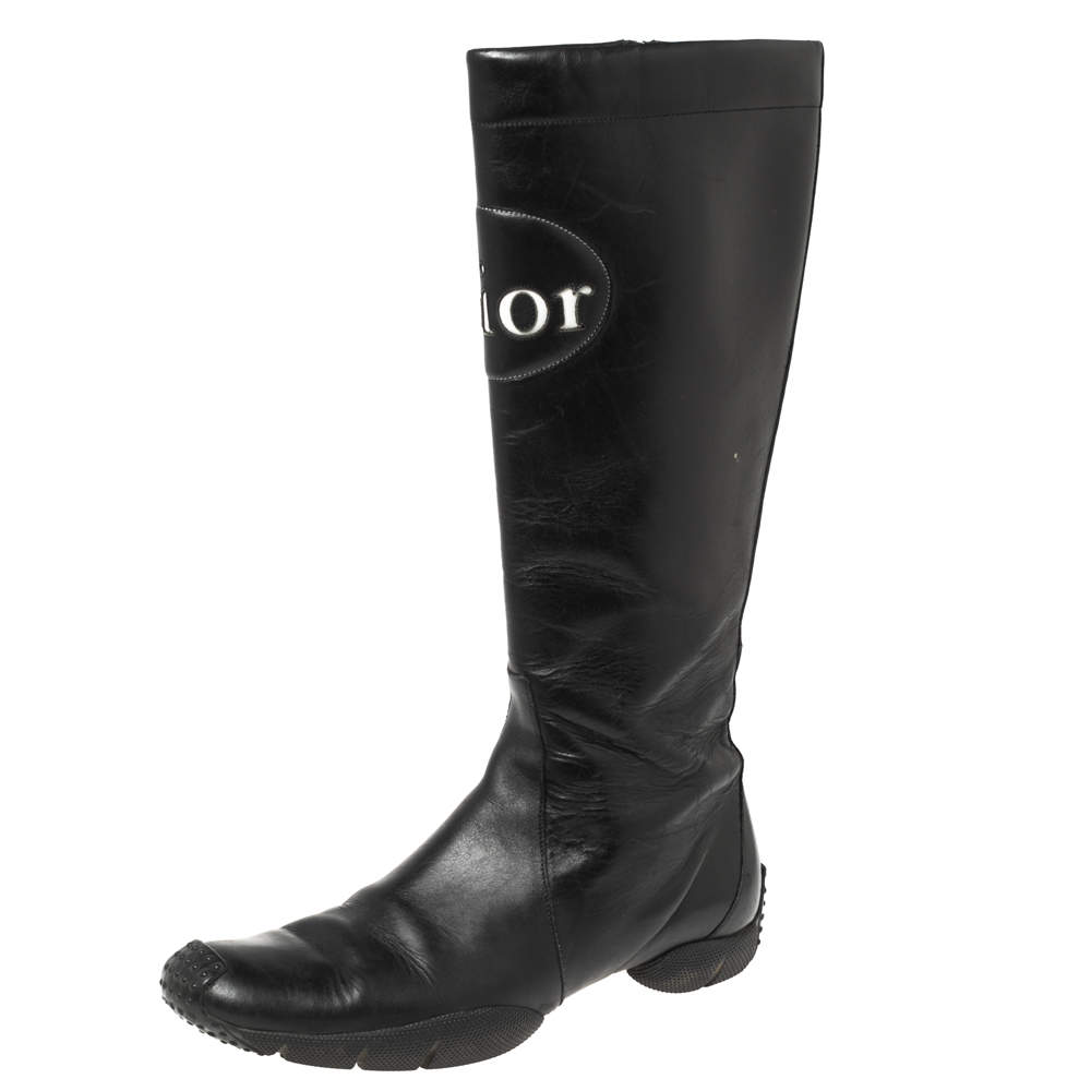 Pre Owned حذاء بوت منتصف ساق ديور شعار جلد أسود مقاس 37