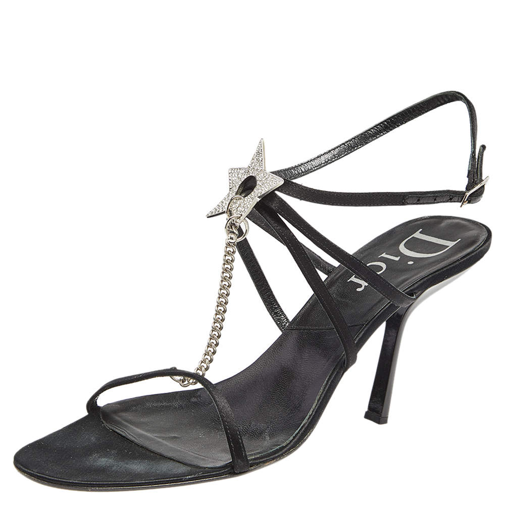 Dior Black Satin Star Crystal Embellished Ankle Strap Sandals Size 41