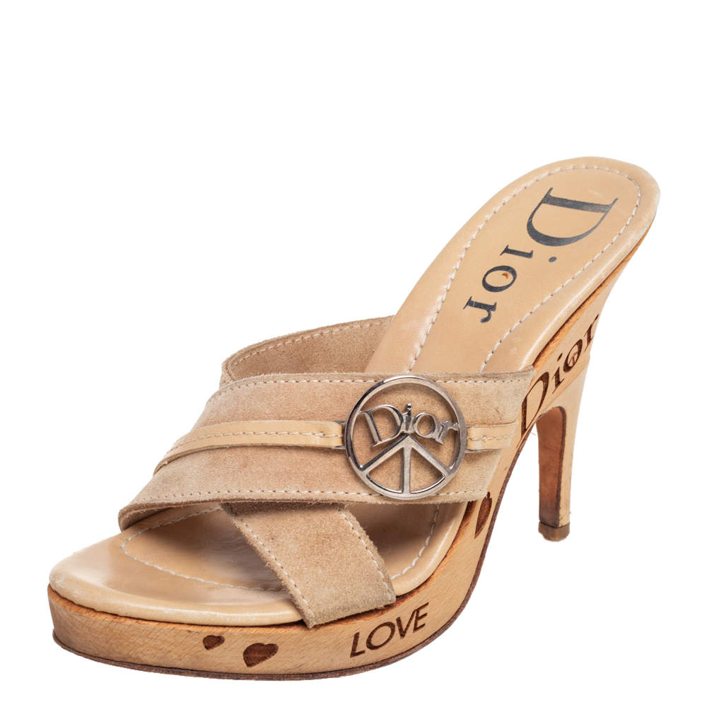 Pre Owned Dior Beige Suede  Wooden Clog Slide Sandals Size 38