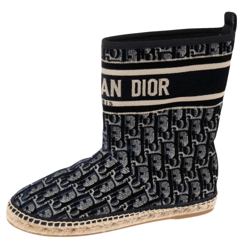 Pre Owned DIOR Navy Blue/Beige Oblique Velvet Granville Espadrille Ankle Boots Size 38
