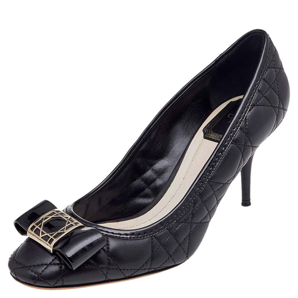 Pre Owned حذاء كعب عالي ديور جلد كاناج وجلد لامع أسود مزين فيونكة مقاس 36.5