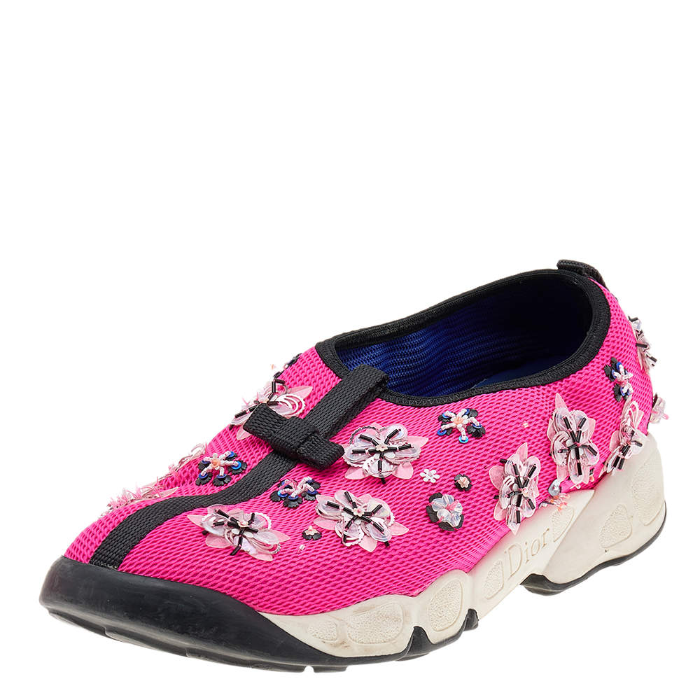 Pre Owned Dior Pink Mesh Embellished Fusion Slip On Sneakers Size 39