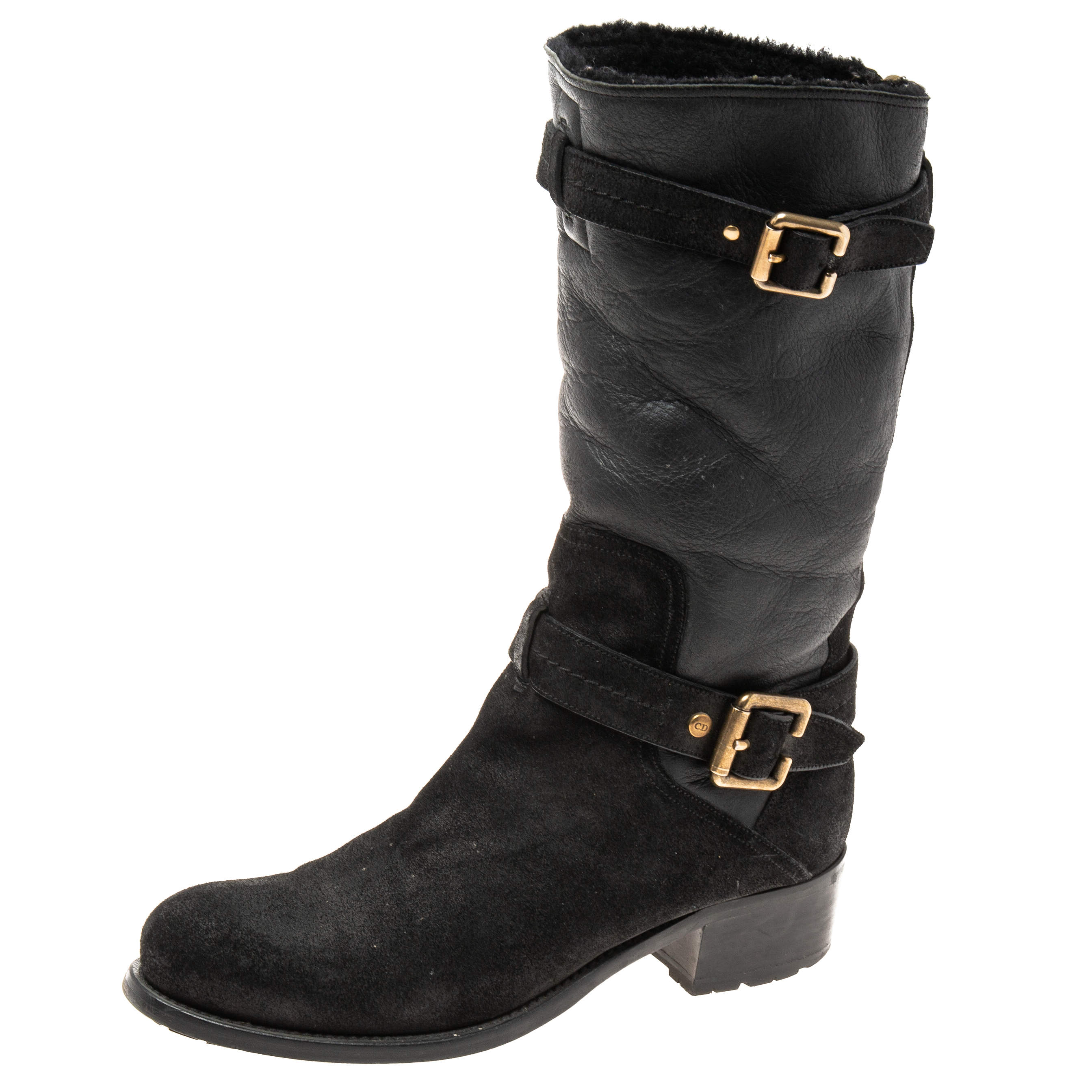 Pre Owned حذاء بوت منتصف ساق ديور تفاصيل إبزيم جلد ونوبوك أسود مقاس 40