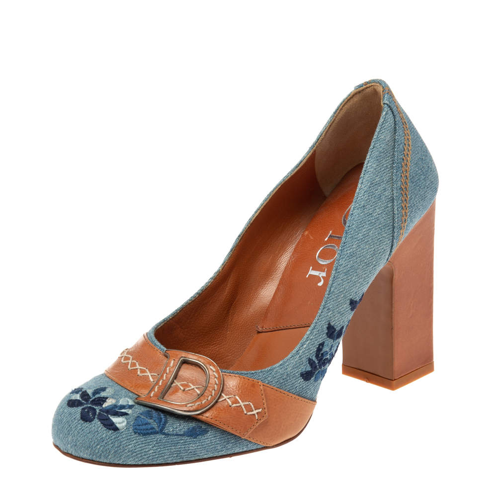 Dior Blue/Tan Denim And Leather CD Logo Pumps Size 38 