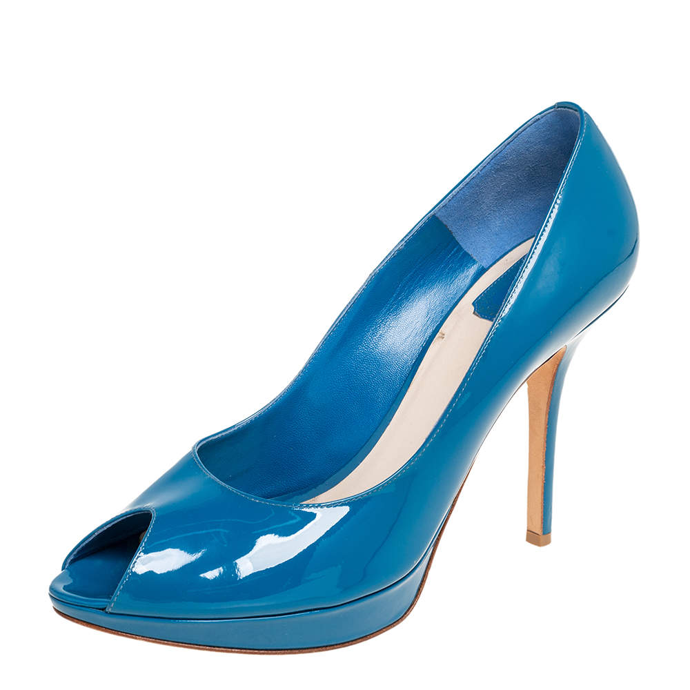Pre Owned Dior Blue Patent Leather Miss Dior Peep Toe Platform Pumps Size 41
