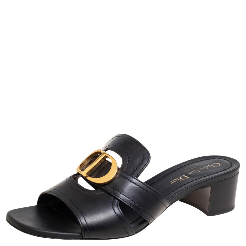 Pre Owned Dior Black Leather Montaigne Slide Sandals Size 38