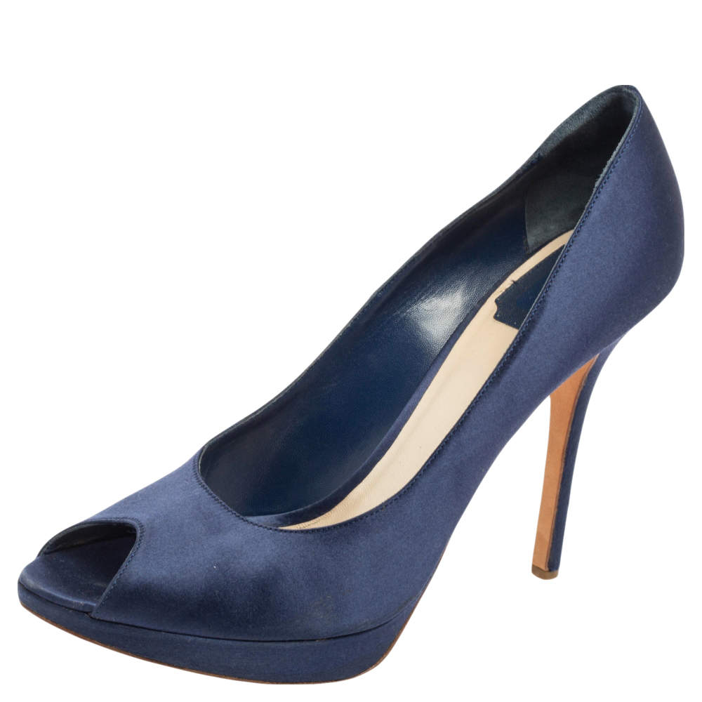 Pre Owned Dior Blue Satin Miss Dior Peep Toe Platform Pumps Size 40.5