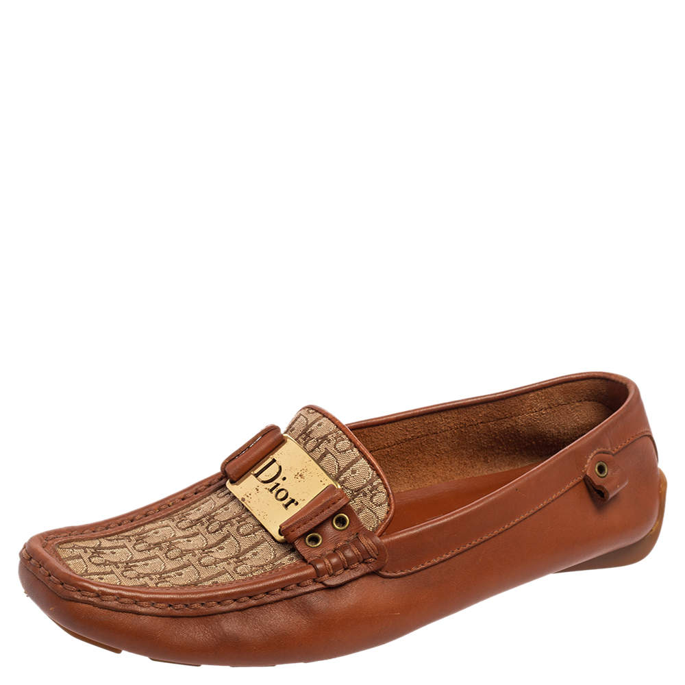 Pre Owned Dior Brown Leather and Monogram Canvas Loafers Size 37