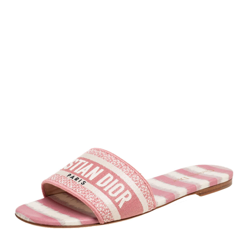 مملوكة مسبقًا حذاء فلات سلايد ديور دواي كانفاس مزخرف وردي/كريمي مقاس 40