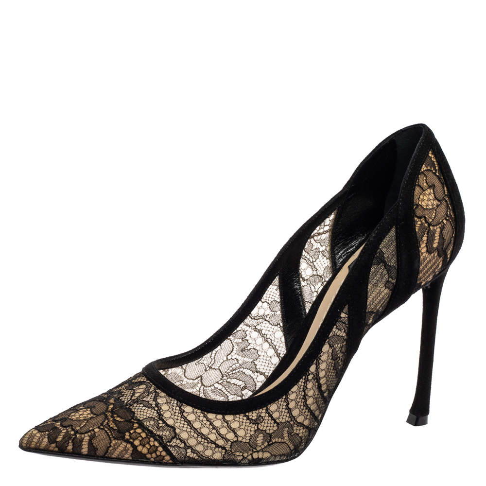 مملوكة مسبقًا Dior Black Net And Suede Pointed Toe Pumps Size 38.5
