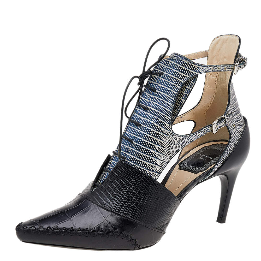 Pre Owned حذاء بوت ديور جلد نقش تمساح ونقش سحلي ثلاثي اللون برباط قصة نوميد مقاس 36.5